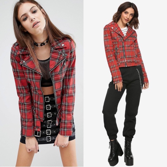 Tripp nyc Jackets & Blazers - TRIPP NYC Retro Punk Red Tartan Plaid Fitted Stretch Twill Moto Jacket Size XS